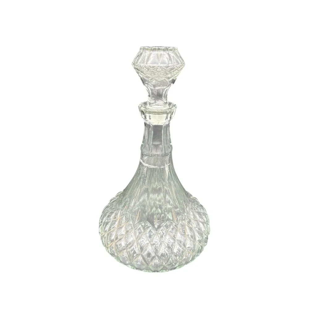 Vintage Diamond Cut Glass‎ Captain's Ship Decanter Bottle Barware w Stopper 11